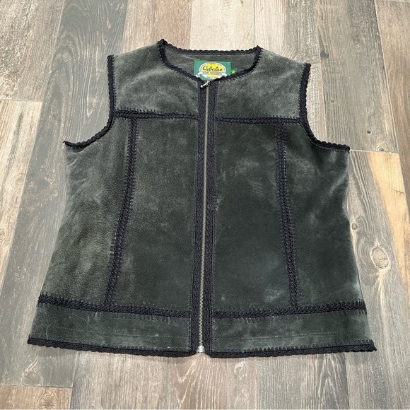 Cabela's Womens Suede Leather Crochet edge hunter green Vest Size XL boho. - Picture 1 of 6